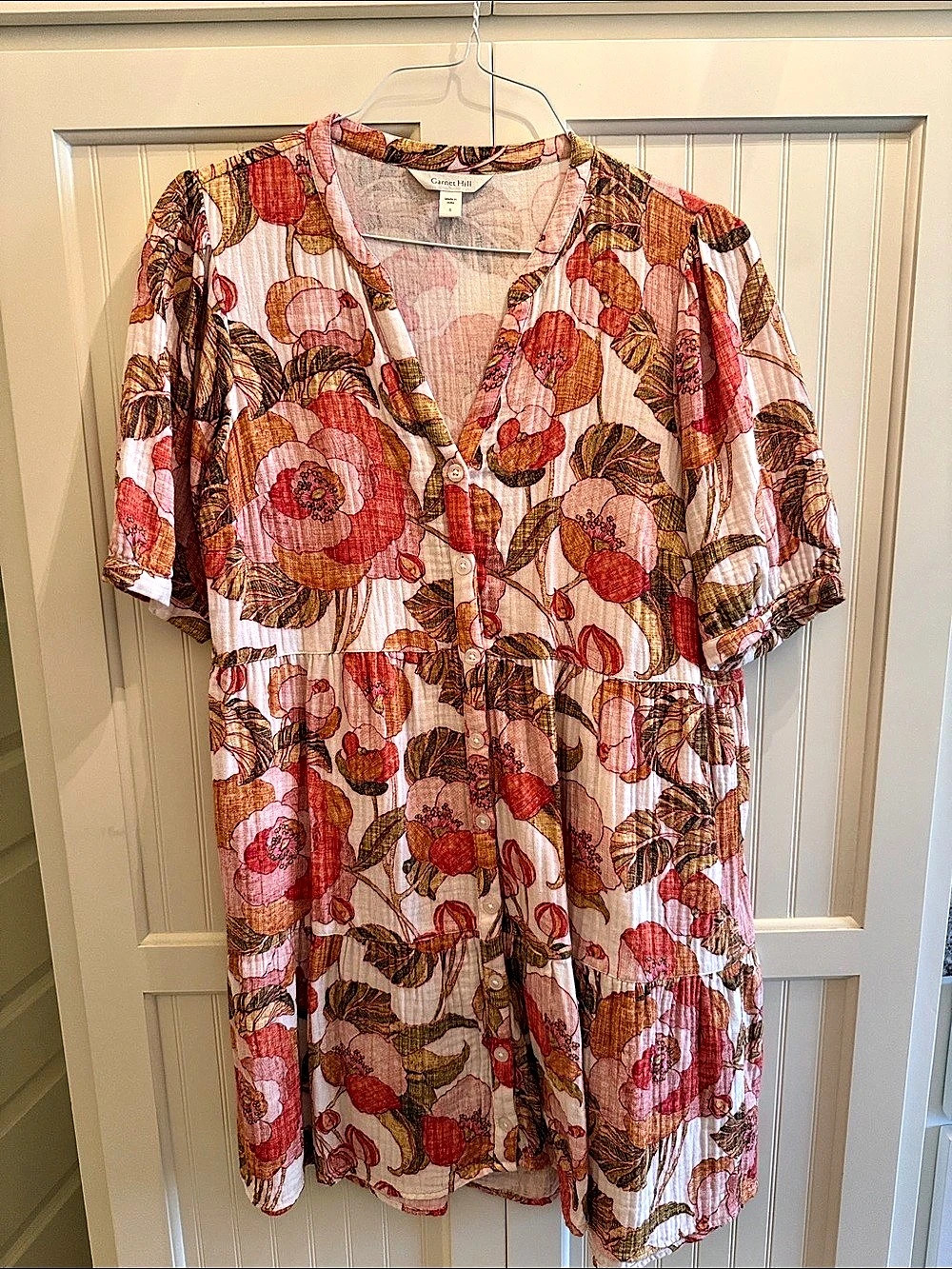 Garnet Hill Organic-Cotton Tiered Shirtdress Floral Mini Dress in Pink & Red